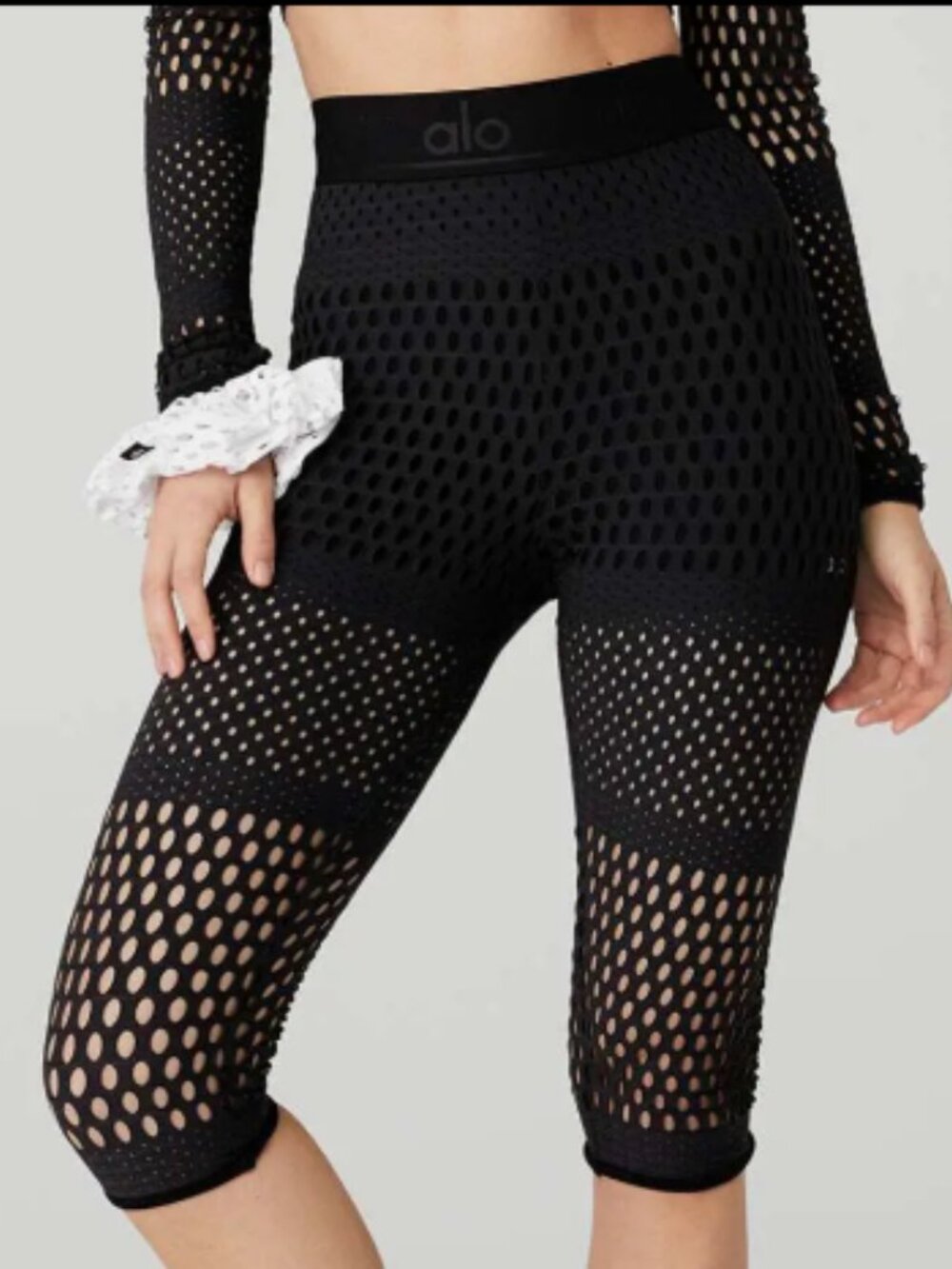 Alo Yoga Mesh High Waist Capri Leggings Black Sheer Cutout S
